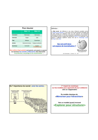 Web 1.0 Web 2.0
Concepteur Webmaster Internautes
Internaute Passif Actif
Page Statique Dynamique
Pour résumer
13
g q y q
Activité Recherche & lecture Partage et publication
Dynamique Individuelle Sociale/
Crowdsourcing
Des outils en ligne gratuits (semi-gratuits, semi-payants ou payants)
aux services des activités collaboratives des internautes
de production, de partage et de consommation
Définition :
Le Web social1 fait référence à une vision d'Internet considéré comme
un espace de socialisation, un lieu dont l'une de ses fonctions principales est
de faire interagir les utilisateurs entre eux afin d'assurer une production
continuelle de contenu, et non plus uniquement la distribution de documents. Il
est considéré comme un aspect très important du Web 2.0. En particulier, il est
associé à différents systèmes sociaux tels que le réseautage social,
les blogs ou les wikis.
Jean Vanderspelden - Consultant ITG - 2014
Qui est actif dans
cet espace de isocialisation ?
De l’importance du social ; avec les autres… 1er impact du numérique
sur les modèles pour apprendre & pour collaborer
vers un «iapprendre»
Du modèle classique de
«Mémoriser pour hiérarchiser»
Vers un modèle (quasi) innovant
«Explorer pour structurer»
 