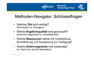 Methoden-Navigator: Schlüsselfragen
• Welches Ziel wird verfolgt?
(Konvergenz vs. Divergenz)
• Welche Ergebnisqualität wird gewünscht?• Welche Ergebnisqualität wird gewünscht?
(Empirisch abgesichert vs. Einzelbefunde)
• Welche Ressourcen stehen für Vorbereitung,
Durchführung und Auswertung zur Verfügung?
• Welche Erfahrungswerte sind notwendig?
(im Team bzw. bei der Moderation)
• …
 