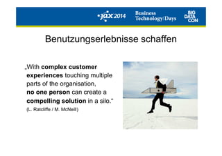 Benutzungserlebnisse schaffen
„With complex customer
experiences touching multipleexperiences touching multiple
parts of the organisation,
no one person can create a
compelling solution in a silo.“
(L. Ratcliffe / M. McNeill)
 