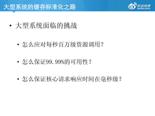 大型系统的缓存标准化之路	

•  大型系统面临的挑战
•  怎么应对每秒百万级资源调用？
•  怎么保证99.99%的可用性？
•  怎么保证核心请求响应时间在毫秒级？
 