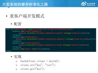 大型系统的缓存标准化之路	
•  重客户端开发模式
•  配置
•  实现
o  CacheClient client = build();
o  client.set(key, test);
o  client.get(key);
 