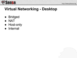 Virtual Networking - Desktop
● Bridged
● NAT
● Host-only
● Internal
 