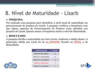8. Nível de Maturidade - Lisarb
 PESQUISA:
Foi realizado uma pesquisa para identificar o nível atual de maturidade em
gerenciamento de projetos de Lisarb. A pesquisa verificou a frequência com
que alguns aspectos do Gerenciamento de Projetos eram adotados nos
projetos de Lisarb. Quanto maior a Frequência maior o nível de Maturidade.
 RESULTADO:
A pesquisa dividiu a maturidade em cinco níveis, conforme a tabela abaixo. A
pontuação obtida por Lisab foi de 69 PONTOS, ficando no NÍVEL 2 de
Maturidade.
PONTUAÇÃO NÍVEL
Acima de 160 pontos 5
Entre 121 e 160 pontos 4
Entre 81 e 120 pontos 3
Entre 41 e 80 pontos 2
Entre 10 e 41 pontos 1
 