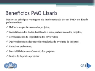 Benefícios PMO Lisarb
Dentre as principais vantagens da implementação de um PMO em Lisarb
podemos citar:
 Melhoria na performance dos projetos;
 Consolidação dos dados, facilitando o acompanhamento dos projetos;
 Gerenciamento de Expectativa dos envolvidos;
 O gerenciamento adequado da complexidade e volume de projetos;
 Antecipar problemas;
 Dar visibilidade ao andamento dos projetos;
 Centro de Suporte a projetos
 