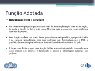 Função Adotada
 Integração com o Negócio
 Por se tratar de projetos que possuem além de uma implantação uma manutenção,
foi adota a função de Integração com o Negocio, pois se preocupa com a melhoria
contínua do projeto.
 Essa função também tem como foco o gerenciamento de portfólio, que para LISARB
é de extrema importância, pois para melhorar seu desenvolvimento e PIB, o
portfólio deve contemplar todas suas áreas criticas de funcionamento do país.
 É importante lembrar que, essa função facilita a tomada de decisão buscando uma
visão comum dos projetos e facilitando o acesso à informações relativas aos
projetos.
 