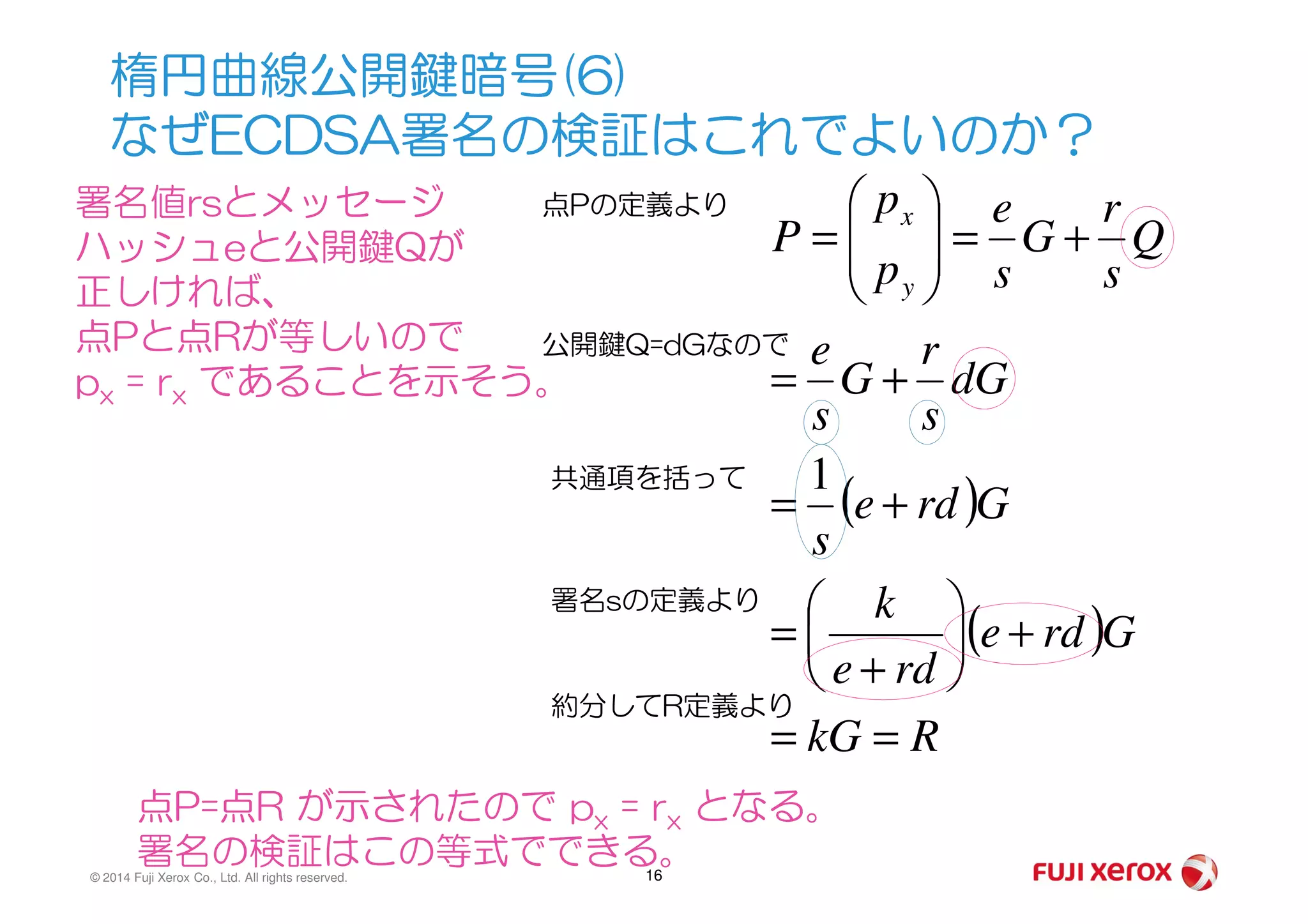 楕円曲線公開鍵暗号(6)
なぜECDSA署名の検証はこれでよいのか？
署名値rsとメッセージ
ハッシュeと公開鍵Qが
正しければ、
点Pと点Rが等しいので
px = rx であることを示そう。
( )
dG
s
r
G
s
e
Q
s
r
G
s
e
p
p
P
y
x
+=
+=







=
1
点Pの定義より
公開鍵Q=dGなので
© 2014 Fuji Xerox Co., Ltd. All rights reserved. 16
点P=点R が示されたので px = rx となる。
署名の検証はこの等式でできる。
( )
( )
RkG
Grde
rde
k
Grde
s
==
+





+
=
+=
1共通項を括って
署名sの定義より
約分してR定義より
 