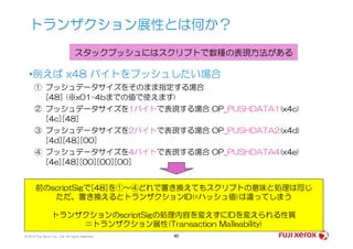 •例えば x48 バイトをプッシュしたい場合
① プッシュデータサイズをそのまま指定する場合
[48] (※x01-4bまでの値で使えます)
② プッシュデータサイズを1バイトで表現する場合 OP_PUSHDATA1(x4c)
[4c][48]
トランザクション展性とは何か？
スタックプッシュにはスクリプトで数種の表現方法がある
© 2014 Fuji Xerox Co., Ltd. All rights reserved. 80
③ プッシュデータサイズを2バイトで表現する場合 OP_PUSHDATA2(x4d)
[4d][48][00]
④ プッシュデータサイズを4バイトで表現する場合 OP_PUSHDATA4(x4e)
[4e][48][00][00][00]
前のscriptSigで[48]を①～④どれで置き換えてもスクリプトの意味と処理は同じ
ただ、置き換えるとトランザクションID(=ハッシュ値)は違ってしまう
トランザクションのscriptSigの処理内容を変えずにIDを変えられる性質
＝トランザクション展性(Transaction Malleability)
 