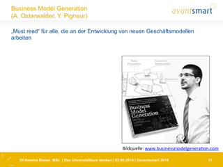 11
Business Model Generation
(A. Osterwalder, Y. Pigneur)
„Must read“ für alle, die an der Entwicklung von neuen Geschäftsmodellen
arbeiten
DI Hemma Bieser, MSc | Das Unvorstellbare denken | 02.06.2014 | ©avantsmart 2014
Bildquelle:	
  www.businessmodelgenera1on.com	
  	
  
 