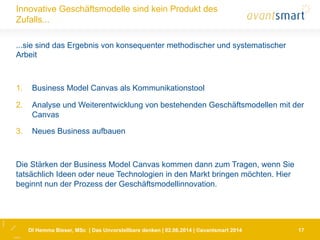 DI Hemma Bieser, MSc | Das Unvorstellbare denken | 02.06.2014 | ©avantsmart 2014 17
Innovative Geschäftsmodelle sind kein Produkt des
Zufalls...
...sie sind das Ergebnis von konsequenter methodischer und systematischer
Arbeit
1.  Business Model Canvas als Kommunikationstool
2.  Analyse und Weiterentwicklung von bestehenden Geschäftsmodellen mit der
Canvas
3.  Neues Business aufbauen
Die Stärken der Business Model Canvas kommen dann zum Tragen, wenn Sie
tatsächlich Ideen oder neue Technologien in den Markt bringen möchten. Hier
beginnt nun der Prozess der Geschäftsmodellinnovation.
 