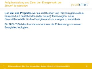 DI Hemma Bieser, MSc | Das Unvorstellbare denken | 02.06.2014 | ©avantsmart 2014 29
Aufgabenstellung und Ziele: den Energiemarkt der
Zukunft zu gestalten
Das Ziel des Projektes war es, mit Kunden und Partnern gemeinsam,
basierend auf bestehenden (oder neuen) Technologien, neue
Geschäftsmodelle für den Energiemarkt von morgen zu entwickeln.
Ein NICHT-Ziel des Innovation-Labs war die Entwicklung von neuen
Energietechnologien.
 