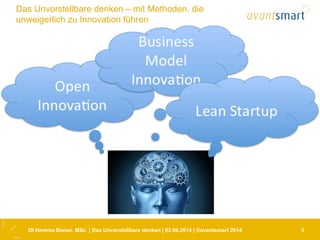 DI Hemma Bieser, MSc | Das Unvorstellbare denken | 02.06.2014 | ©avantsmart 2014 3
Das Unvorstellbare denken – mit Methoden, die
unweigerlich zu Innovation führen
 