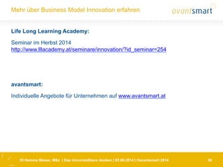 DI Hemma Bieser, MSc | Das Unvorstellbare denken | 02.06.2014 | ©avantsmart 2014 36
Mehr über Business Model Innovation erfahren
Life Long Learning Academy:
Seminar im Herbst 2014
http://www.lllacademy.at/seminare/innovation/?id_seminar=254
avantsmart:
Individuelle Angebote für Unternehmen auf www.avantsmart.at
 