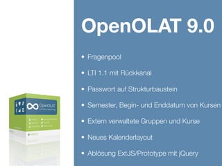 OOtalks2014,www.frentix.com
OpenOLAT 9.1
• Update HTML Editor
• Starke Verschlüsselung Passwörter
• Schutz vor XSS Angriffen
• Erhöhung Datenschutz
• Co-Autoren != Autorenrolle
• Formatierung in Mitteilungen und Email
• Word Export in QTI Tests
 