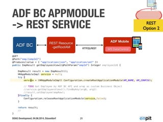DOAG Development, 04.06.2014, Düsseldorf
ADF BC APPMODULE  
-> REST SERVICE
!
!
21
ADF BC
REST Resource

-getRootAM
ADF Mobile
!
WS DataControlHTTP(S)/REST
Service Layer
REST 
Option 2
 