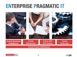 ENTERPRISE PRAGMATIC IT 
Consulting Training Development 
Oracle Business 
Oracle 
Oracle ADF 
Oracle 
Intelligence 
WebCenter 
ADF Mobile 
WebLogic 
Oracle Fusion Middleware 
37 
 