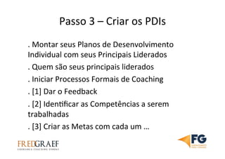 Passo	
  3	
  –	
  Criar	
  os	
  PDIs	
  	
  	
  
.	
  Montar	
  seus	
  Planos	
  de	
  Desenvolvimento	
  
Individual	
  com	
  seus	
  Principais	
  Liderados	
  
.	
  Quem	
  são	
  seus	
  principais	
  liderados	
  
.	
  Iniciar	
  Processos	
  Formais	
  de	
  Coaching	
  
.	
  [1]	
  Dar	
  o	
  Feedback	
  	
  
.	
  [2]	
  IdenUﬁcar	
  as	
  Competências	
  a	
  serem	
  
trabalhadas	
  
.	
  [3]	
  Criar	
  as	
  Metas	
  com	
  cada	
  um	
  …	
  
 