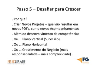 Passo	
  5	
  –	
  Desaﬁar	
  para	
  Crescer	
  	
  	
  
.	
  Por	
  que?	
  	
  
.	
  Criar	
  Novos	
  Projetos	
  –	
  que	
  vão	
  resultar	
  em	
  
novos	
  PDI’s,	
  como	
  novos	
  Acompanhamentos	
  
.	
  Além	
  do	
  desenvolvimento	
  de	
  competências	
  
.	
  Ou	
  …	
  Plano	
  VerUcal	
  (Sucessão)	
  
.	
  Ou	
  …	
  Plano	
  Horizontal	
  
.	
  Ou	
  …	
  Crescimento	
  do	
  Negócio	
  (mais	
  
responsabilidade	
  –	
  mais	
  complexidade)	
  …	
  	
  
 