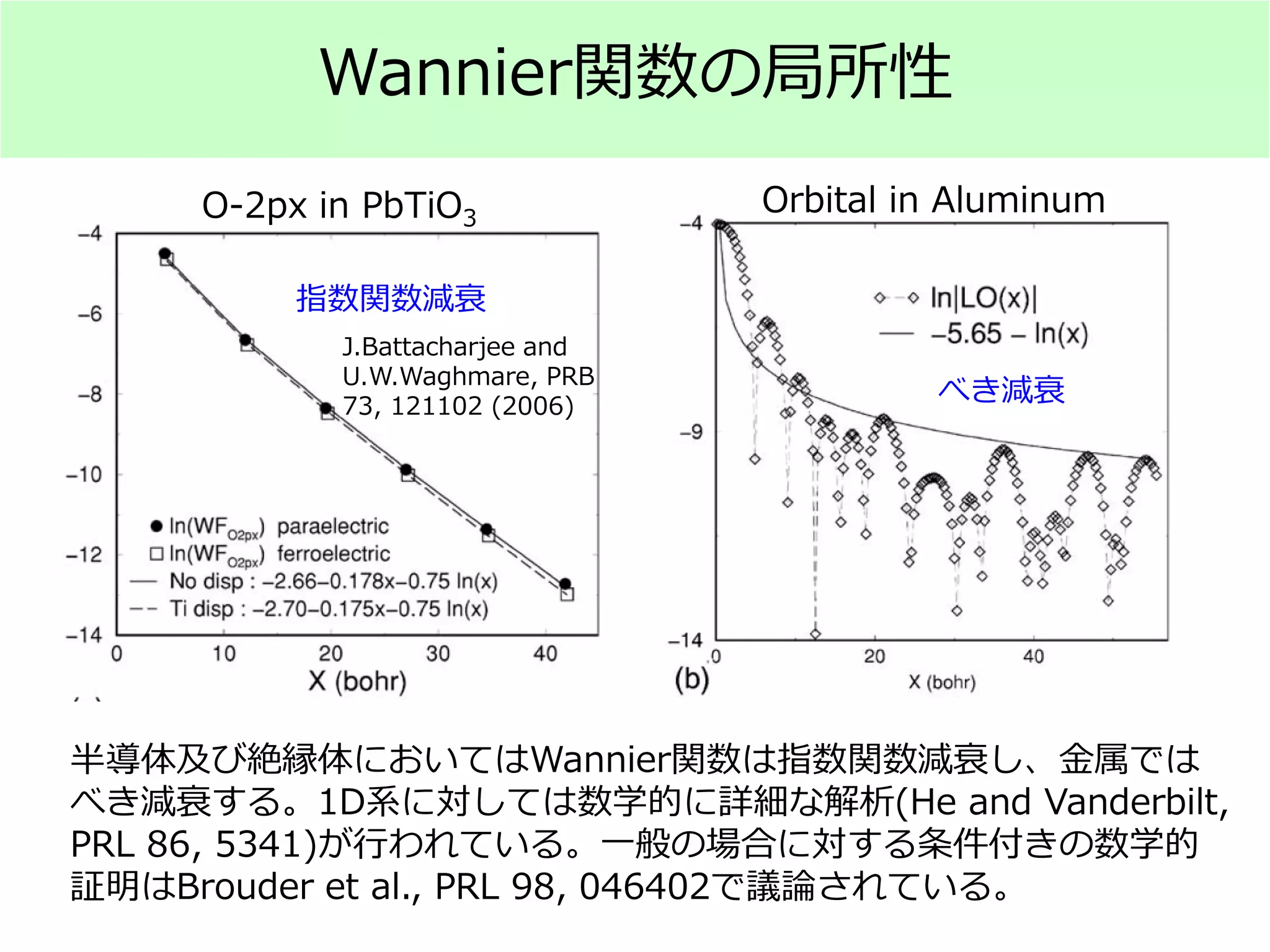 Wannier関数の局所性
O-2px in PbTiO3
Orbital in Aluminum
指数関数減衰
べき減衰
J.Battacharjee and
U.W.Waghmare, PRB
73, 121102 (2006)
半導体及び絶縁体においてはWannier関数は指数関数減衰し、金属では
べき減衰する。1D系に対しては数学的に詳細な解析(He and Vanderbilt,
PRL 86, 5341)が行われている。一般の場合に対する条件付きの数学的
証明はBrouder et al., PRL 98, 046402で議論されている。
 