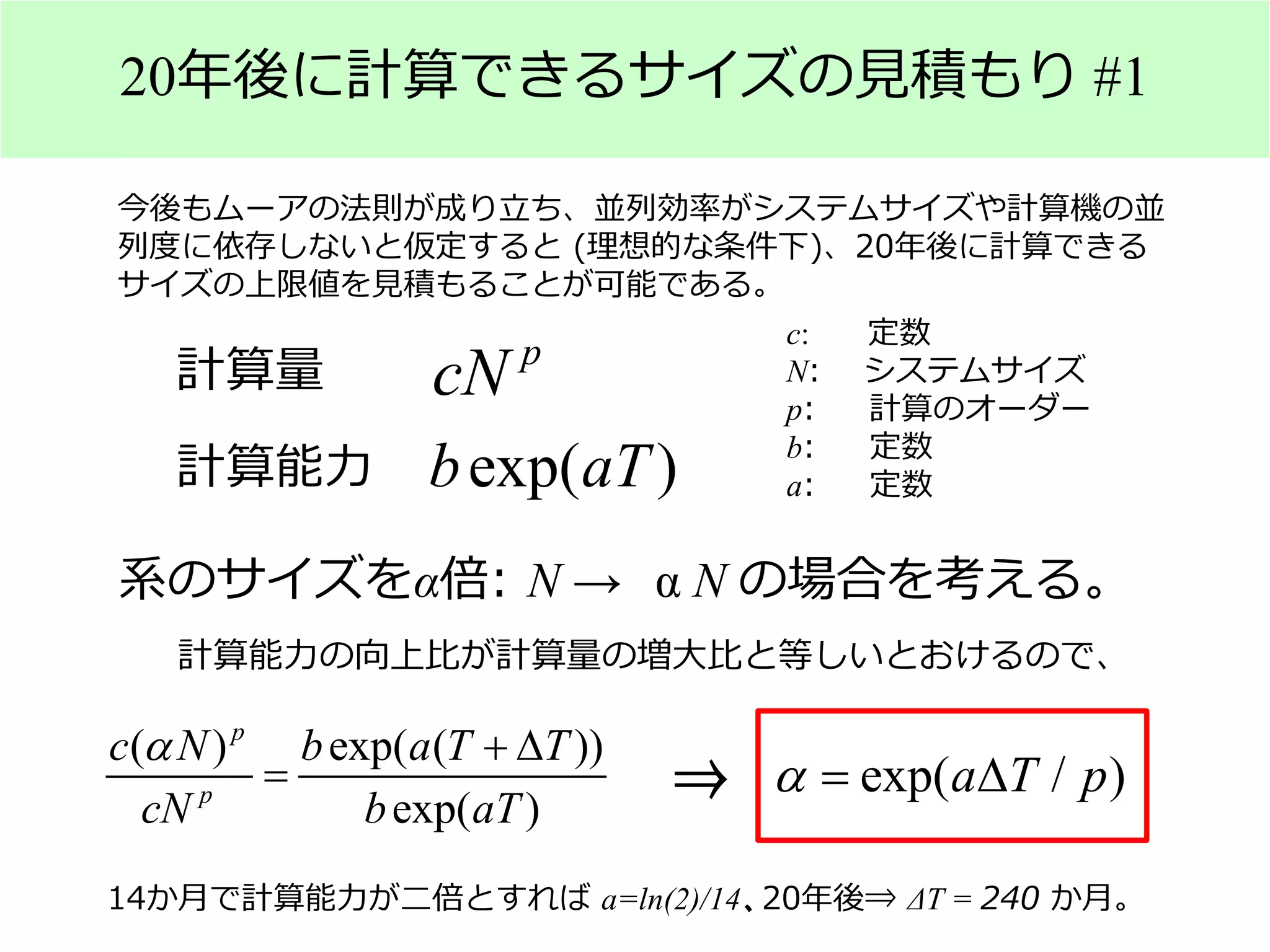 20年後に計算できるサイズの見積もり #1
p
cN
exp( )b aT
計算量
計算能力
c: 定数
N: システムサイズ
p: 計算のオーダー
b: 定数
a: 定数
系のサイズをα倍: N → α N の場合を考える。
計算能力の向上比が計算量の増大比と等しいとおけるので、
( ) exp( ( ))
exp( )
p
p
c N b a T T
cN b aT
α + ∆
= exp( / )a T pα= ∆⇒
今後もムーアの法則が成り立ち、並列効率がシステムサイズや計算機の並
列度に依存しないと仮定すると (理想的な条件下)、20年後に計算できる
サイズの上限値を見積もることが可能である。
14か月で計算能力が二倍とすれば a=ln(2)/14、20年後⇒ ΔT = 240 か月。
 