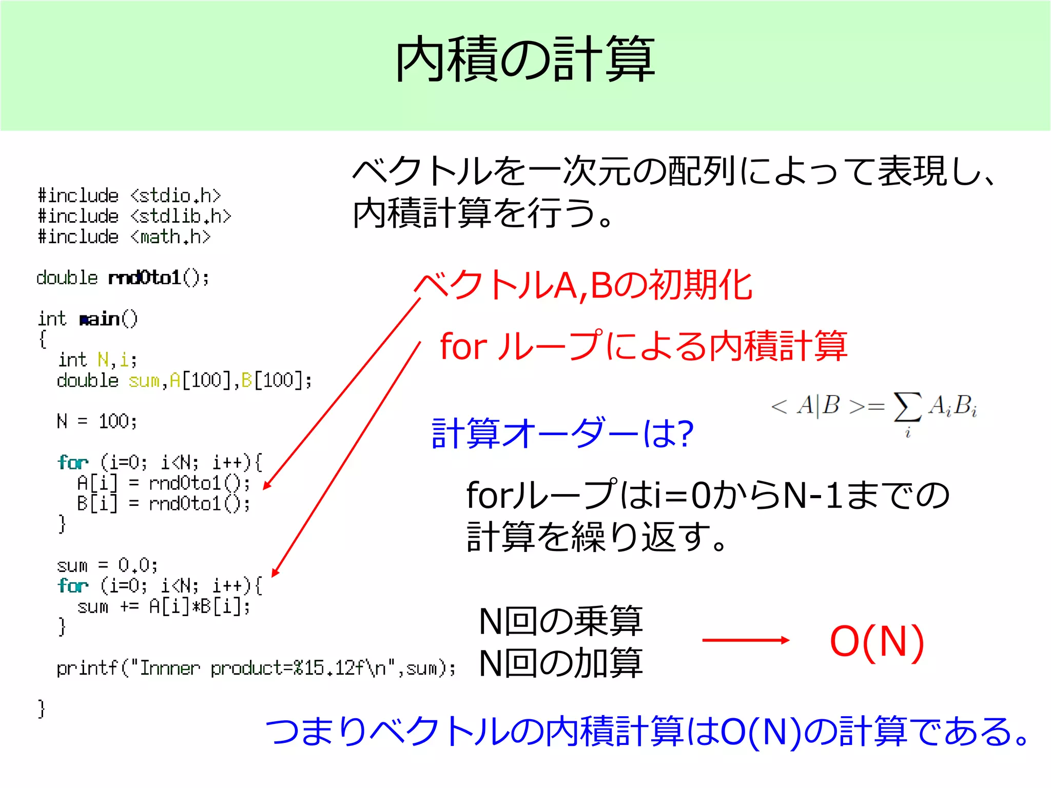 内積の計算
O(N)
ベクトルを一次元の配列によって表現し、
内積計算を行う。
ベクトルA,Bの初期化
for ループによる内積計算
計算オーダーは?
forループはi=0からN-1までの
計算を繰り返す。
N回の乗算
N回の加算
つまりベクトルの内積計算はO(N)の計算である。
 