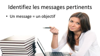 Identifiez les messages pertinents
• Un message = un objectif
 