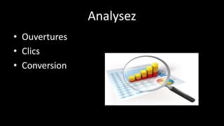 Analysez
• Ouvertures
• Clics
• Conversion
 