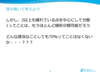 落落ち着いて考えよう
しかし、2以上も離離れている点を中⼼心にして分散
1ってことは、もうほとんど線形分離離可能だろう
どんな適当なことしても70％ってことはなくない
か・・・？？？
16	
 