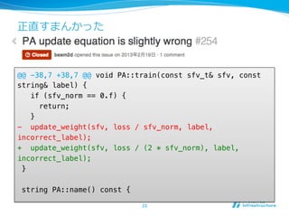正直すまんかった
@@ -38,7 +38,7 @@ void PA::train(const sfv_t& sfv, const
string& label) {"
if (sfv_norm == 0.f) {"
return;"
}"
- update_weight(sfv, loss / sfv_norm, label,
incorrect_label);"
+ update_weight(sfv, loss / (2 * sfv_norm), label,
incorrect_label);"
}"
"
string PA::name() const {
23	
 