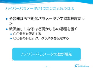 ハイパーパラメータが1つだけだと思うなよ
l  分類器なら正則化パラメータや学習率率率程度度だっ
た
l  教師無しになるほど何かしらの過程を置く
l  ◯◯分布を仮定する
l  ◯◯個のトピック、クラスタを仮定する
37	
ハイパーパラメータの数が爆発
 