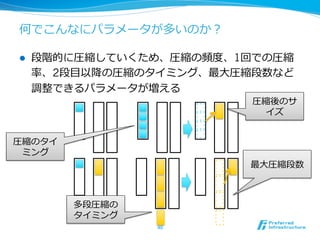 何でこんなにパラメータが多いのか？
l  段階的に圧縮していくため、圧縮の頻度度、1回での圧縮
率率率、2段⽬目以降降の圧縮のタイミング、最⼤大圧縮段数など
調整できるパラメータが増える
40	
圧縮のタイ
ミング
圧縮後のサ
イズ
多段圧縮の
タイミング
最⼤大圧縮段数
 