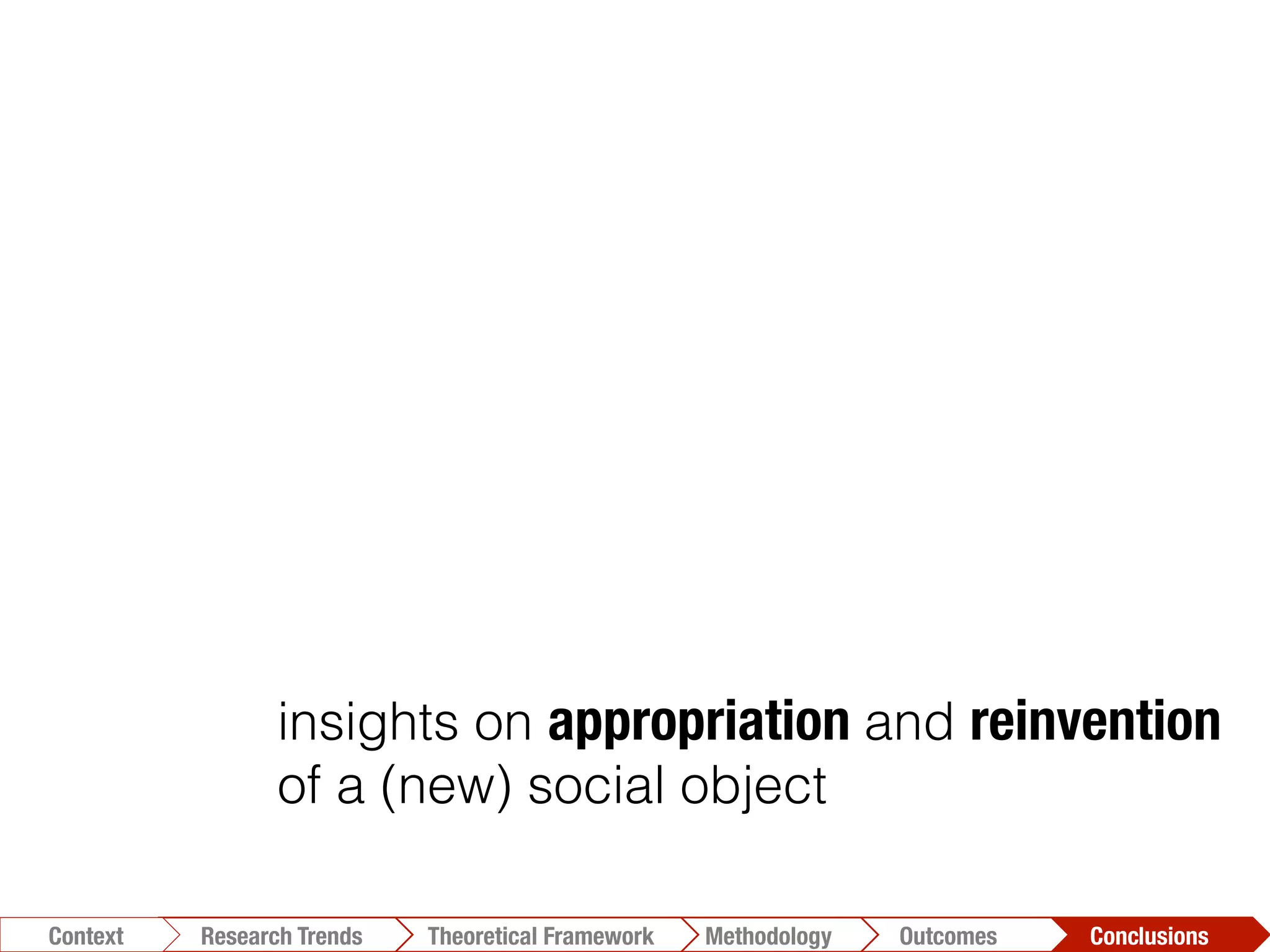 integrated view: Initiating Agencies’
expectations & Local Ownership
insights on appropriation and reinvention
of a (new) social object
Design-Reality Gap is addressed
Conclusions	
  Outcomes	
  Methodology	
  Theoretical Framework	
  Research Trends
Context
 