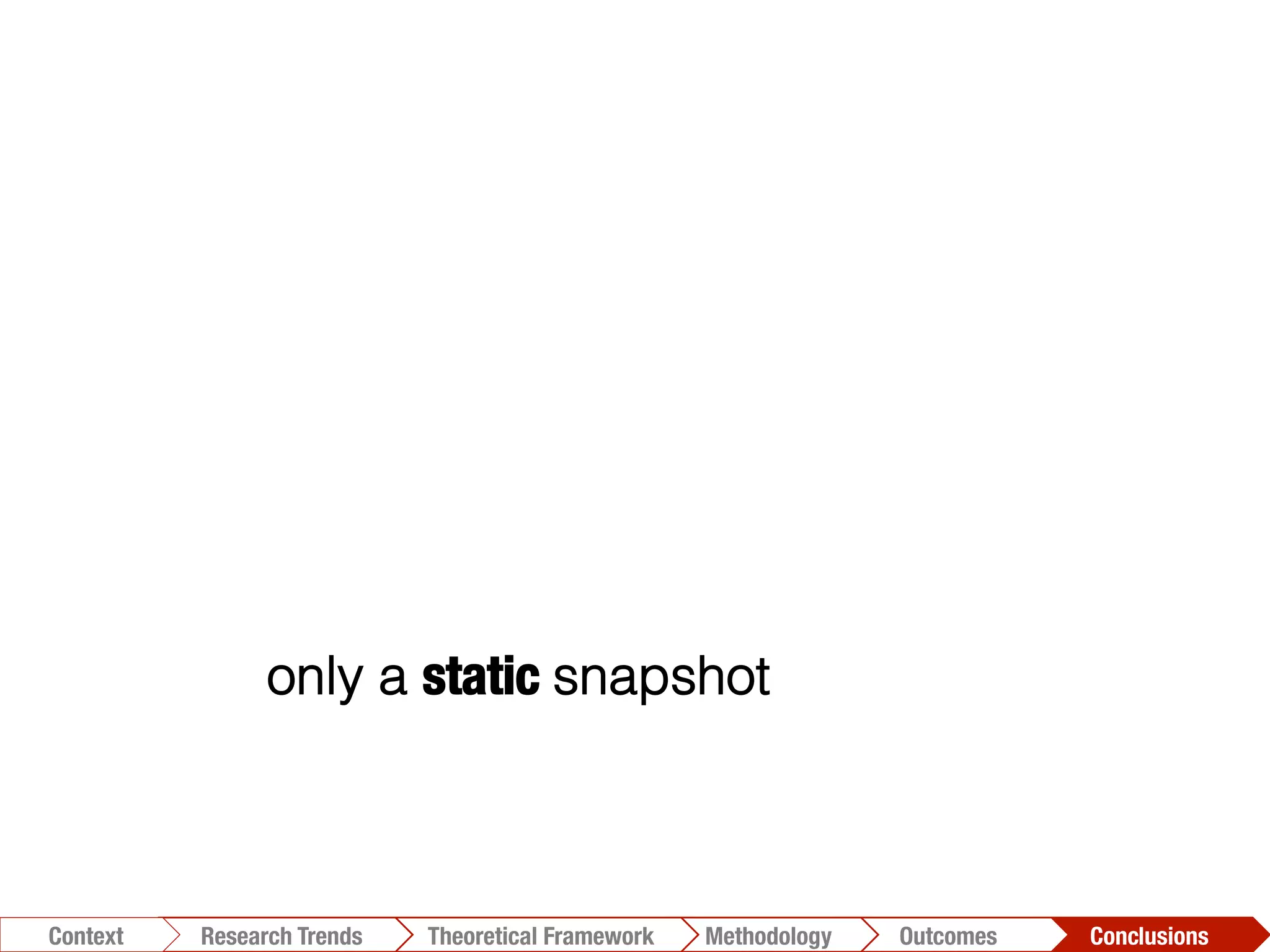 only a static snapshot
Conclusions	
  Outcomes	
  Methodology	
  Theoretical Framework	
  Research Trends
Context
 
