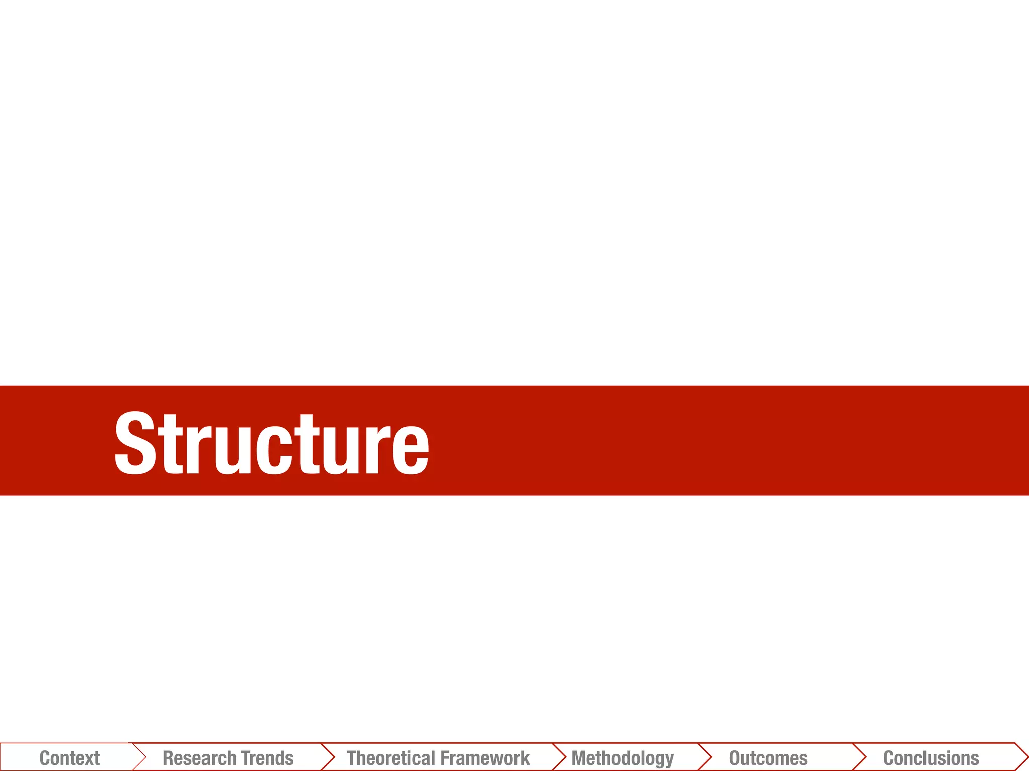 Structure
Conclusions	
  Outcomes	
  Methodology	
  Theoretical Framework	
  Research Trends
Context
 