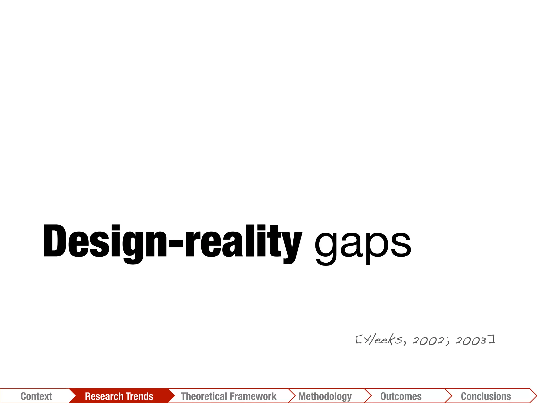 Design-reality gaps
[Heeks, 2002; 2003]!
Conclusions	
  Outcomes	
  Methodology	
  Theoretical Framework	
  Research Trends
Context
 