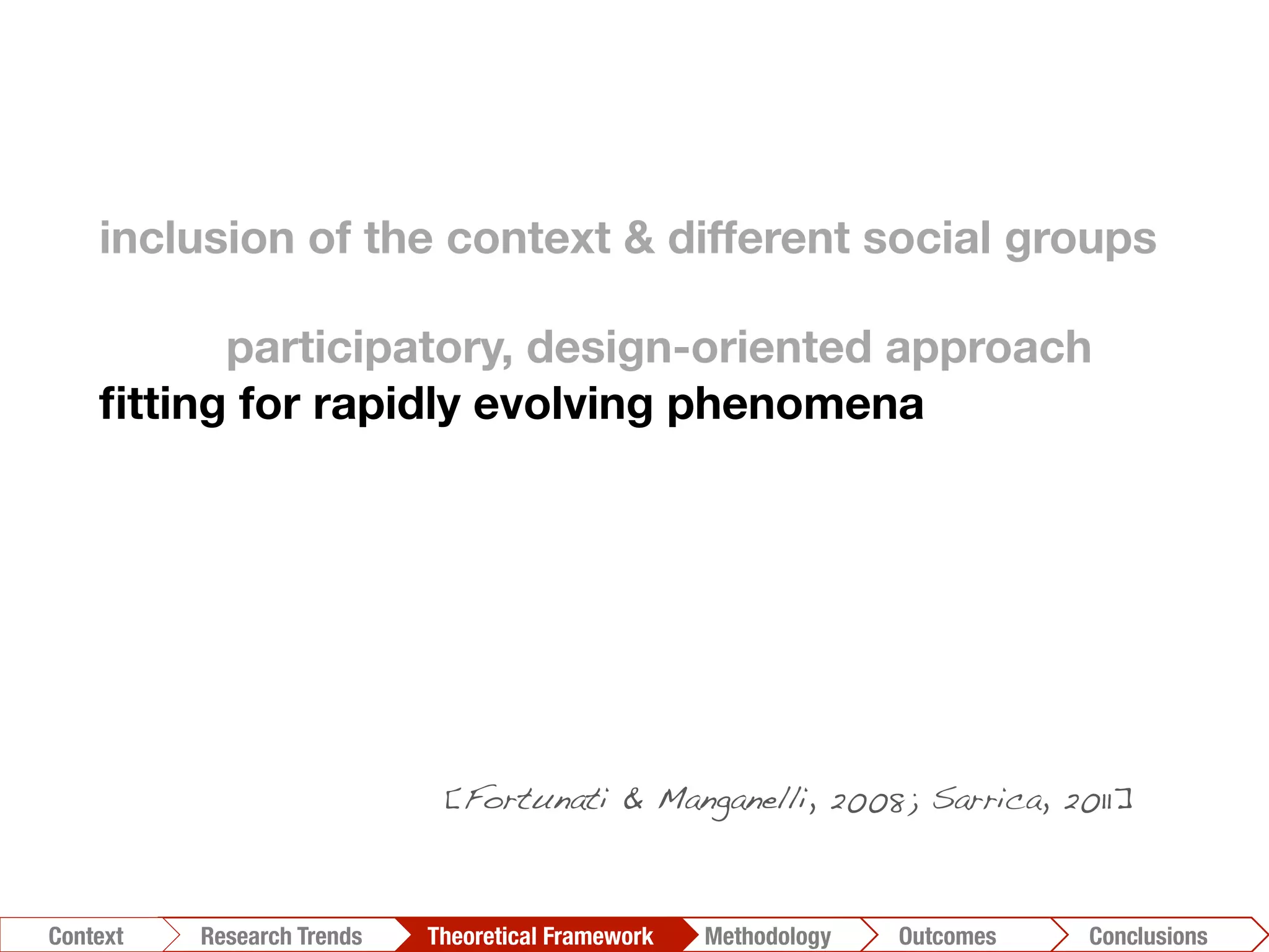 inclusion of the context & different social groups

participatory, design-oriented approach 
ﬁtting for rapidly evolving phenomena
Conclusions	
  Outcomes	
  Methodology	
  Theoretical Framework	
  Research Trends
Context
[Fortunati & Manganelli, 2008; Sarrica, 2011]!
 