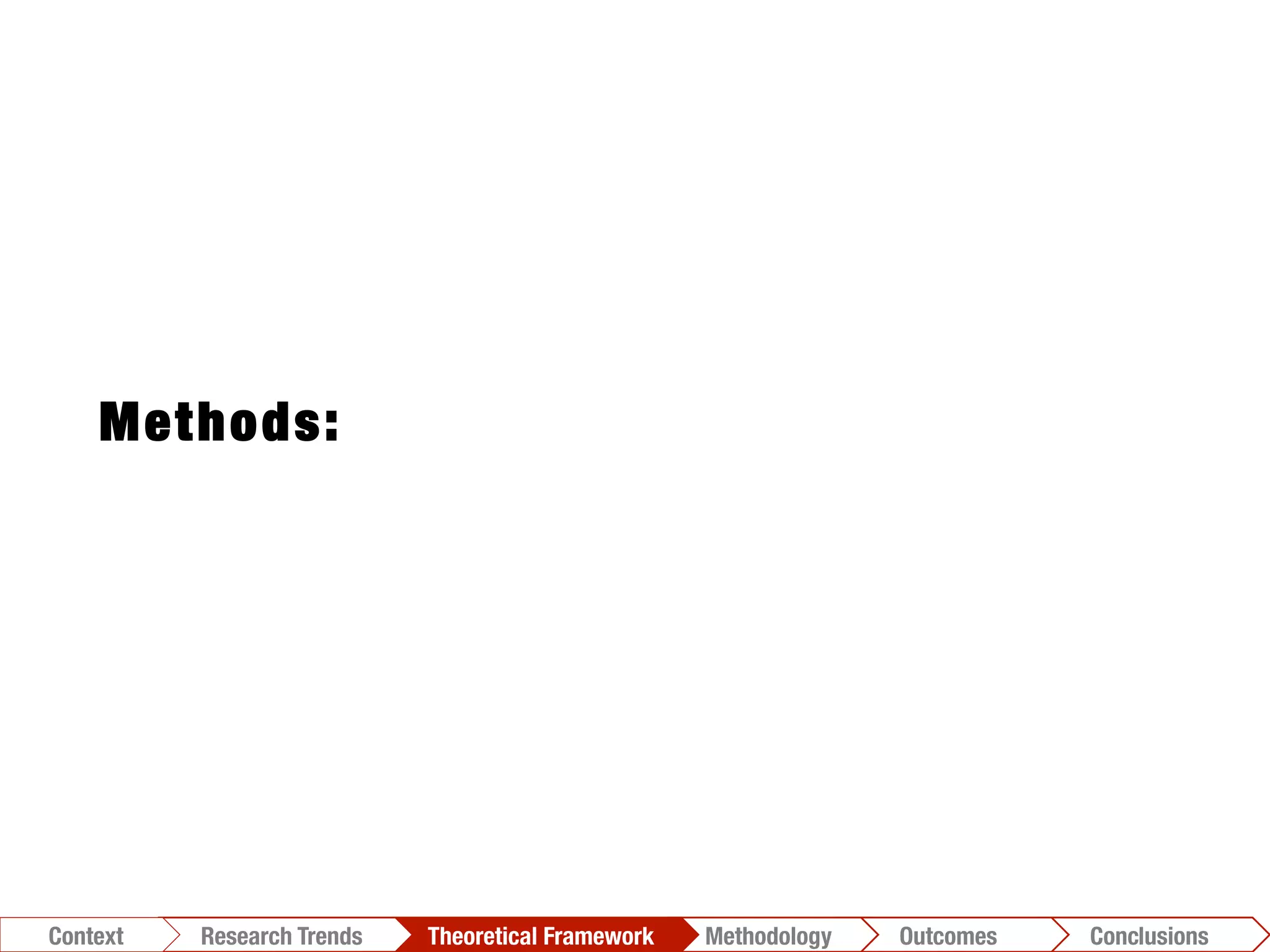 Methods:
Conclusions	
  Outcomes	
  Methodology	
  Theoretical Framework	
  Research Trends
Context
 