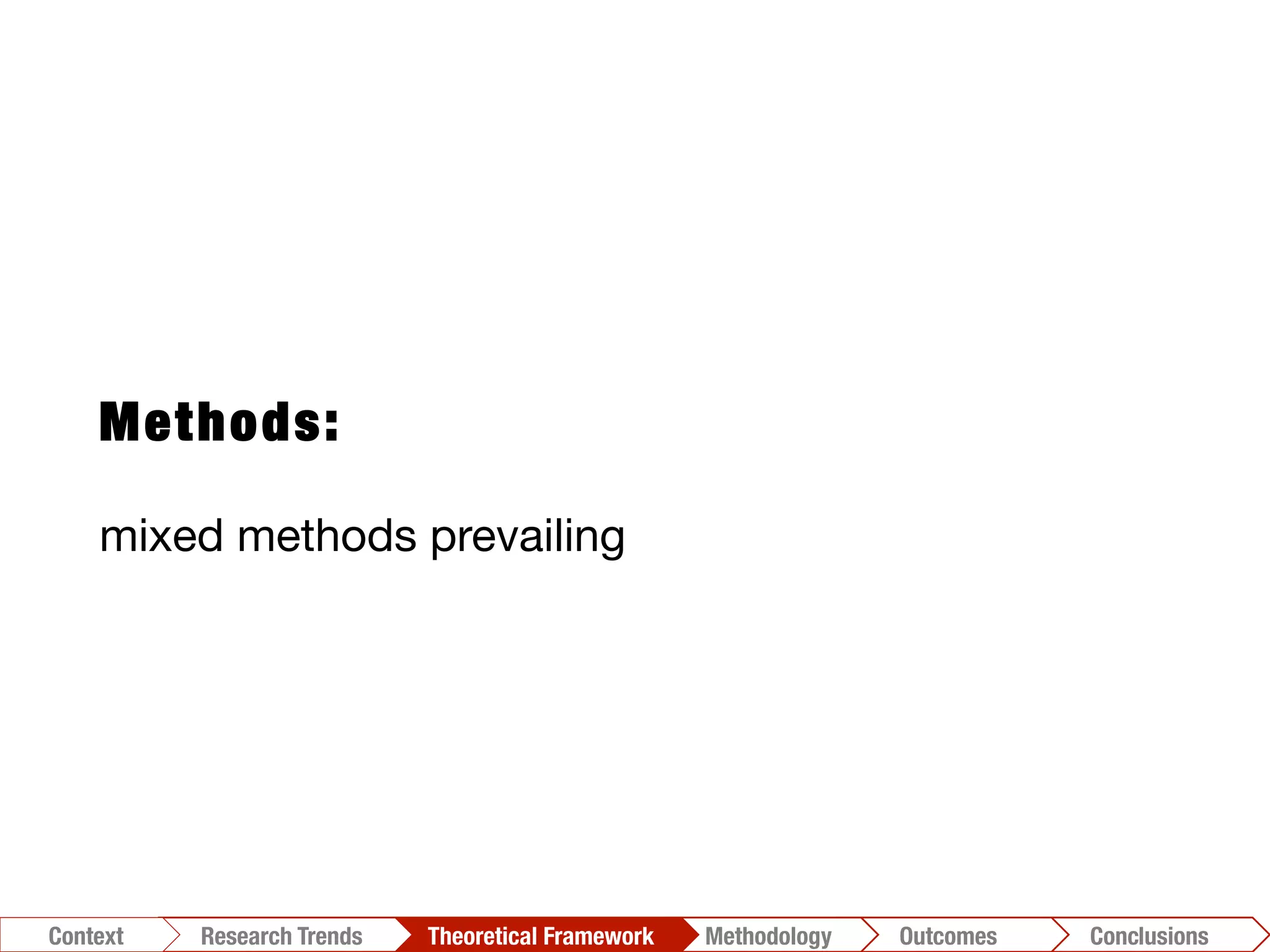 Methods:
mixed methods prevailing

 


 
 

Conclusions	
  Outcomes	
  Methodology	
  Theoretical Framework	
  Research Trends
Context
 