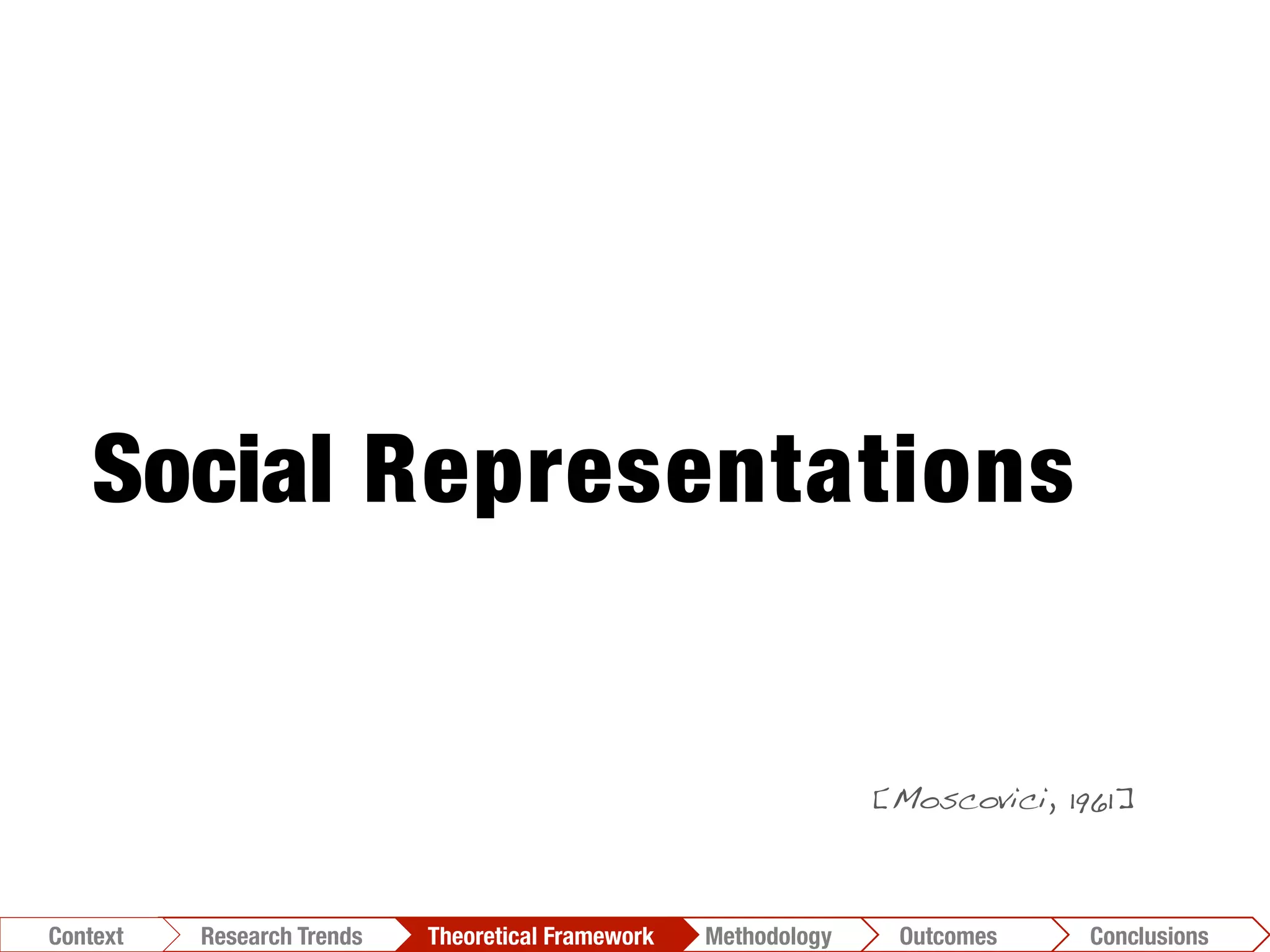 Social Representations
[Moscovici, 1961]!
Conclusions	
  Outcomes	
  Methodology	
  Theoretical Framework	
  Research Trends
Context
 