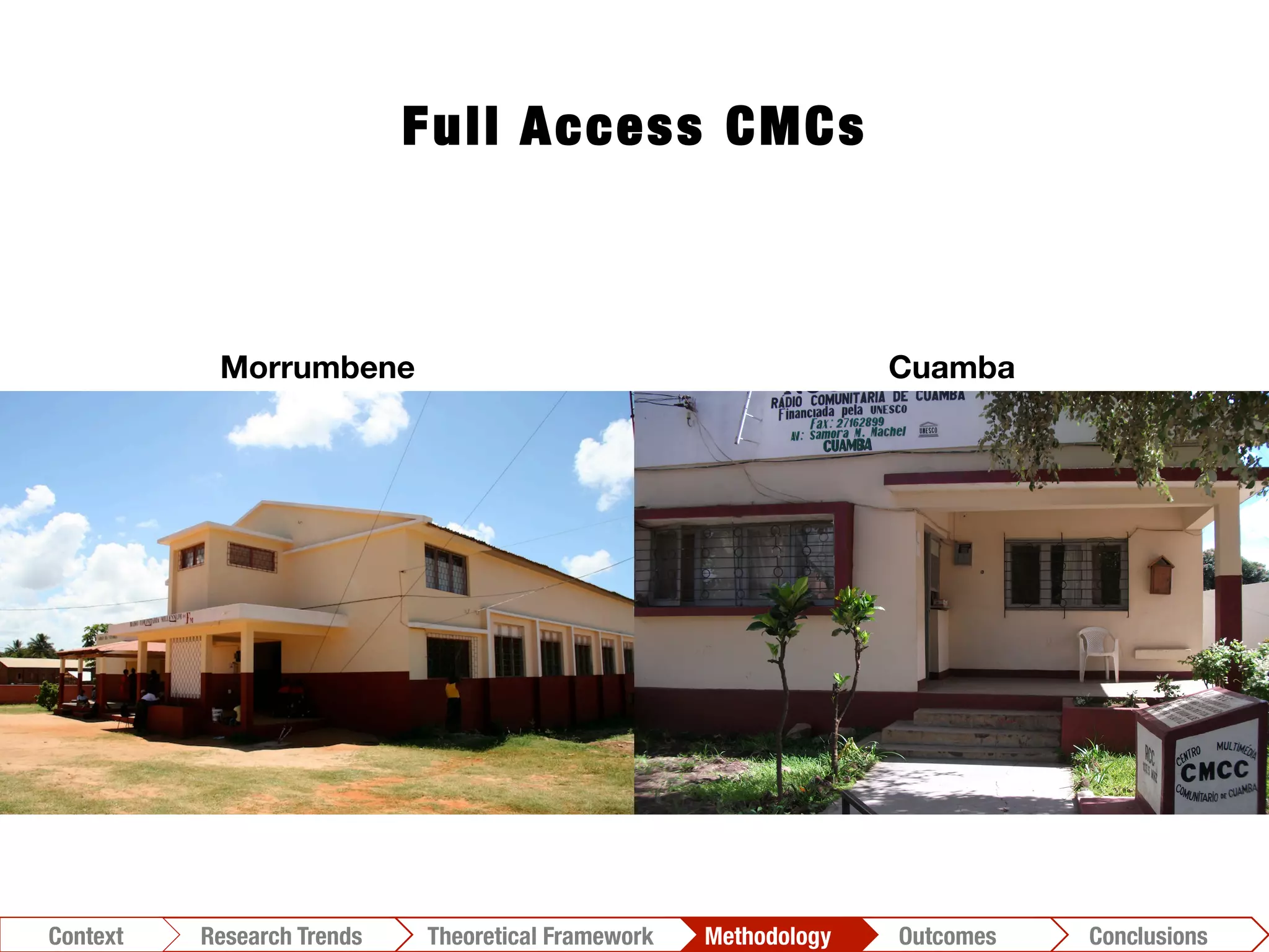 Morrumbene
 Cuamba
Full Access CMCs
Conclusions	
  Outcomes	
  Methodology	
  Theoretical Framework	
  Research Gap
Context
 Conclusions	
  Outcomes	
  Methodology	
  Theoretical Framework	
  Research Trends
Context
 