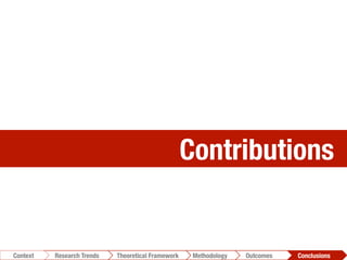 Contributions 
Conclusions	
  Outcomes	
  Methodology	
  Theoretical Framework	
  Research Trends
Context
 