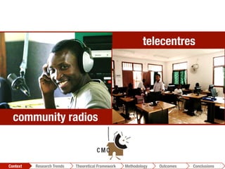telecentres
community radios
Conclusions	
  Outcomes	
  Methodology	
  Theoretical Framework	
  Research Trends
Context
 