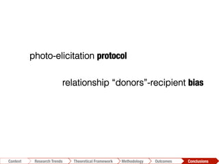 relationship “donors”-recipient bias
photo-elicitation protocol
Conclusions	
  Outcomes	
  Methodology	
  Theoretical Framework	
  Research Trends
Context
 