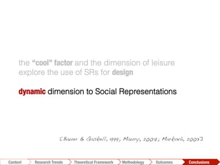 the “cool” factor and the dimension of leisure
explore the use of SRs for design
dynamic dimension to Social Representations
diachronically
changes for kind of PAVs
inﬂuence on capabilities and
activities
[Bauer & Gaskell, 1999; Maury, 2007; Markovà, 2003]!
Conclusions	
  Outcomes	
  Methodology	
  Theoretical Framework	
  Research Trends
Context
 