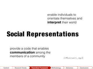 Social Representations
enable individuals to
orientate themselves and
interpret their world
provide a code that enables
communication among the
members of a community
Conclusions	
  Outcomes	
  Methodology	
  Theoretical Framework	
  Research Trends
Context
[Moscovici, 1961]!
 