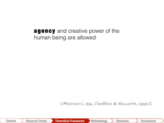 agency and creative power of the
human being are allowed
Conclusions	
  Outcomes	
  Methodology	
  Theoretical Framework	
  Research Trends
Context
[Moscovici, 1961; Voelklein & Howarth, 2005]!
 