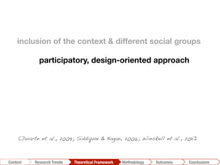 inclusion of the context & different social groups

participatory, design-oriented approach
Conclusions	
  Outcomes	
  Methodology	
  Theoretical Framework	
  Research Trends
Context
[Duarte et al., 2009; Siddique & Kagan, 2006; Winskell et al., 2011]!
 