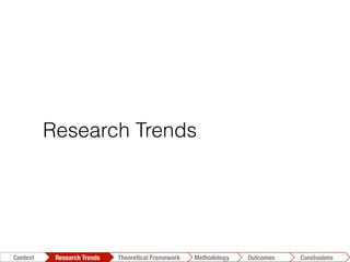 Conclusions	
  Outcomes	
  Methodology	
  Theoretical Framework	
  Research Trends
Context
Research Trends
 