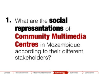 What are the social
representations of
Community Multimedia
Centres in Mozambique
according to their different
stakeholders?
1.	
  
Conclusions	
  Outcomes	
  Methodology	
  Theoretical Framework	
  Research Gap
Context
 Conclusions	
  Outcomes	
  Methodology	
  Theoretical Framework	
  Research Trends
Context
 