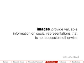 Conclusions	
  Outcomes	
  Methodology	
  Theoretical Framework	
  Research Gap
Context
 Conclusions	
  Outcomes	
  Methodology	
  Theoretical Framework	
  Research Trends
Context

 
images provide valuable
information on social representations that
is not accessible otherwise
[Mamali, 2006]!
 