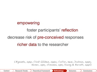 Conclusions	
  Outcomes	
  Methodology	
  Theoretical Framework	
  Research Gap
Context
 Conclusions	
  Outcomes	
  Methodology	
  Theoretical Framework	
  Research Trends
Context
empowering
foster participants’ reﬂection
decrease risk of pre-conceived responses
richer data to the researcher
[Bignante, 2010; Clark-Ibáñez, 2004; Collier, 1967; Dodman, 2003;
Nemer, 2013; Uimonen, 2013; Young & Barrett, 2001]!
 